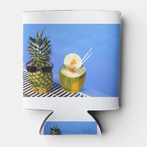 Pineapple wearing sunglasses and melon at pool can cooler