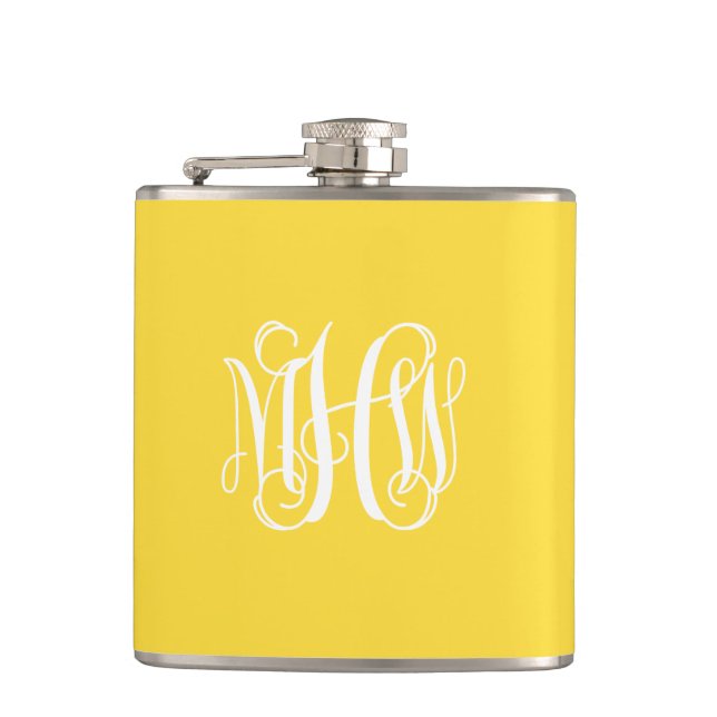 Pineapple White 3 Initials Vine Script Monogram Flask (Front)