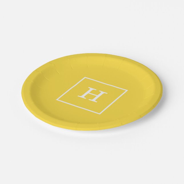 Pineapple White Framed Initial Monogram Paper Plates (Angled)