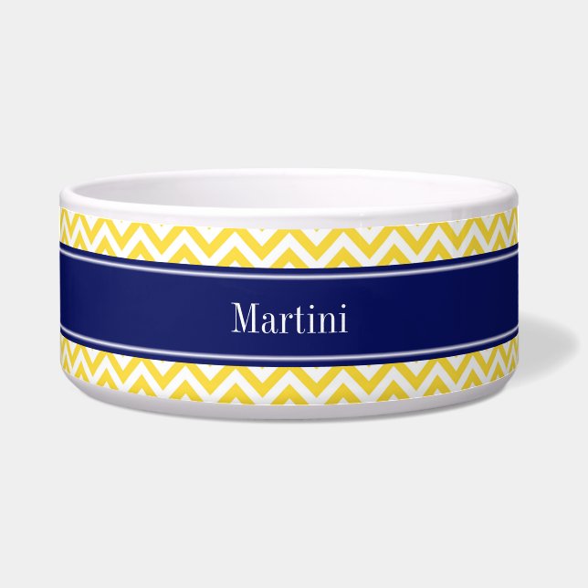 Pineapple White LG Chevron Navy Blue Name Monogram Bowl (Front)