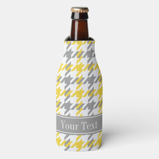 Pineapple Wht Dk Gray Houndstooth Name Monogram Bottle Cooler (Bottle Front)