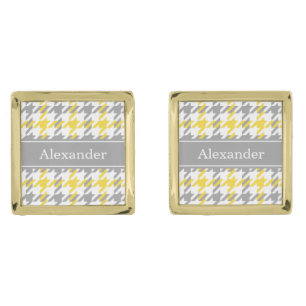 Pineapple Wht Dk Gray Houndstooth Name Monogram Gold Cufflinks