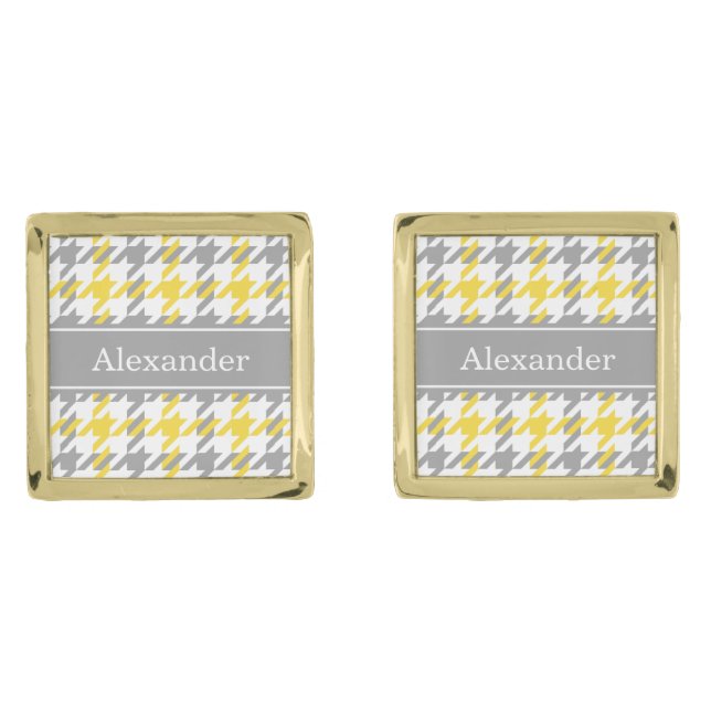Pineapple Wht Dk Gray Houndstooth Name Monogram Gold Cufflinks (Front)