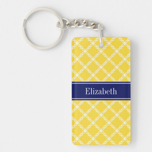 Pineapple Wht Fancy Quatrefoil Navy Name Monogram Keychain (Front)
