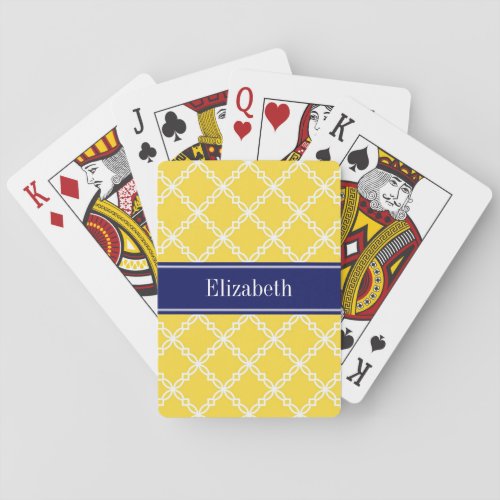 Pineapple Wht Fancy Quatrefoil Navy Name Monogram Poker Cards