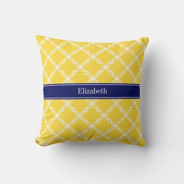Pineapple Wht Fancy Quatrefoil Navy Name Monogram Throw Pillow (Front)