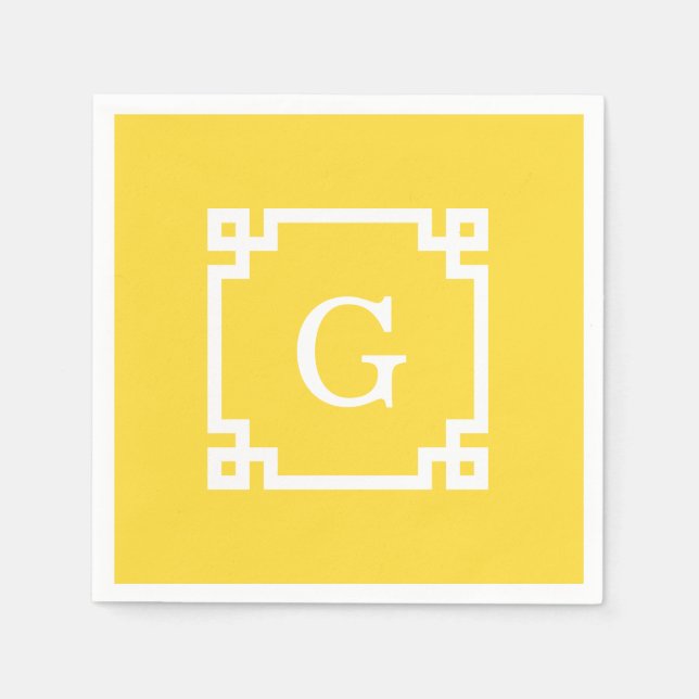 Pineapple Wht Greek Key Frame #2 Initial Monogram Paper Napkins (Front)