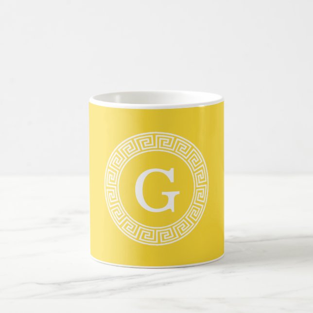 Pineapple Wht Greek Key Rnd Frame Initial Monogram Coffee Mug (Center)
