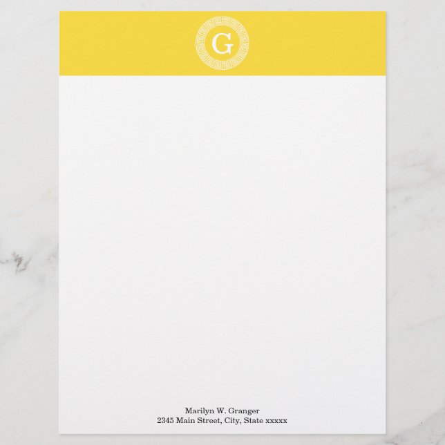 Pineapple Wht Greek Key Rnd Frame Initial Monogram Letterhead (Front)