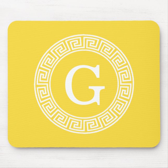 Pineapple Wht Greek Key Rnd Frame Initial Monogram Mouse Pad (Front)
