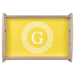 Pineapple Wht Greek Key Rnd Frame Initial Monogram Serving Tray
