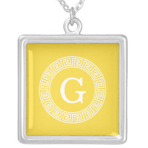 Pineapple Wht Greek Key Rnd Frame Initial Monogram Silver Plated Necklace