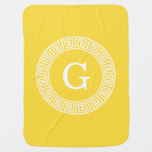 Pineapple Wht Greek Key Rnd Frame Initial Monogram Stroller Blanket