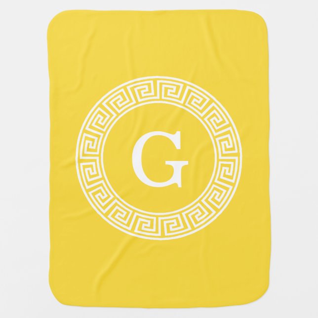 Pineapple Wht Greek Key Rnd Frame Initial Monogram Stroller Blanket (Front)