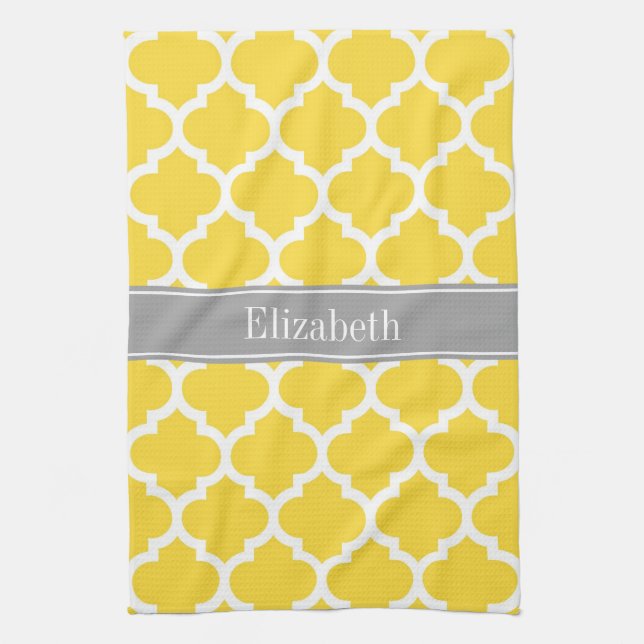 Pineapple Wht Moroccan #5 Dk Gray Name Monogram Kitchen Towel (Vertical)