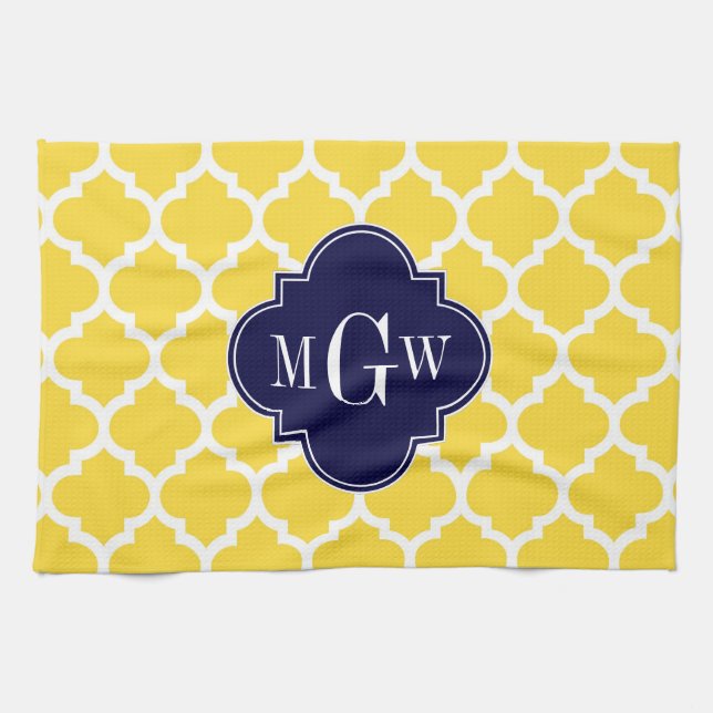 Pineapple Wht Moroccan #5 Navy 3 Initial Monogram Kitchen Towel (Horizontal)