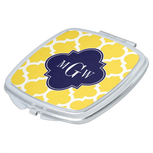 Pineapple Wht Moroccan #5 Navy 3 Initial Monogram Mirror For Makeup