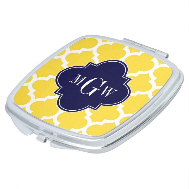 Pineapple Wht Moroccan #5 Navy 3 Initial Monogram Mirror For Makeup (Turned)