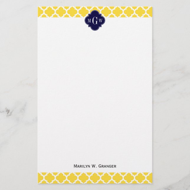 Pineapple Wht Moroccan #5 Navy 3 Initial Monogram Stationery (Front)