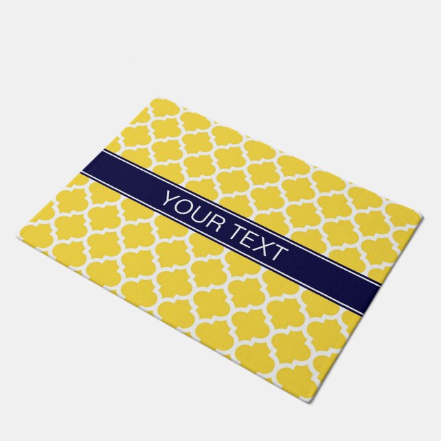 Pineapple Wht Moroccan #5 Navy Blue Name Monogram Doormat (Angled)