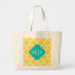 Pineapple Wht Moroccan #5 Teal 3 Initial Monogram Large Tote Bag