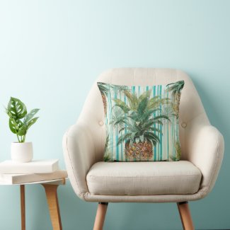 Pineapple with Aqua Stripes Throw Pillow