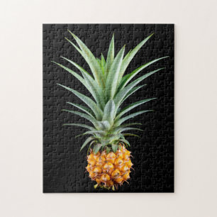 Pineapple with big hairdo on black background jigsaw puzzle