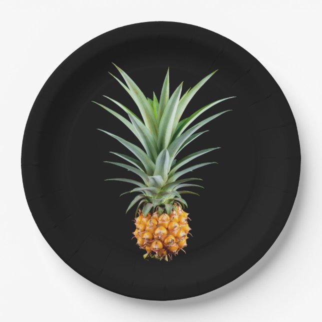 Pineapple with big hairdo on black background paper plates (Front)
