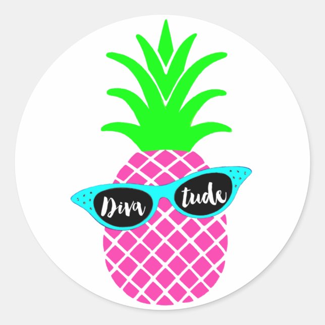 Pineapple with "DIVAtude" Classic Round Sticker (Front)