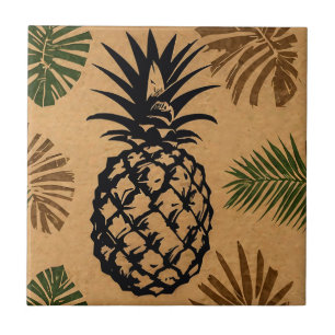 Pineapple with Tropical Leaves Ceramic Tile