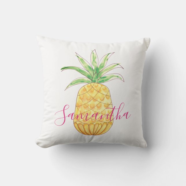 Pineapple Yellow Pink Girl's Name Outdoor Pillow (Front)
