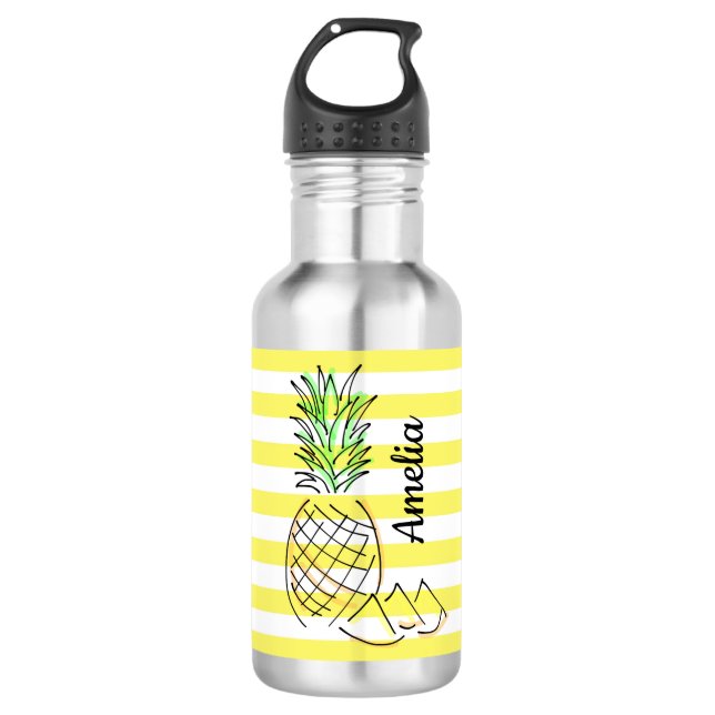 Pineapple Yellow Stripes Summer Personalised Stainless Steel Water Bottle (Front)