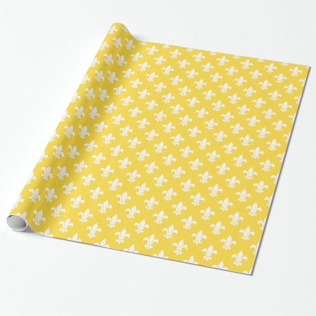 Pineapple Yellow White Fleur de Lis Pattern Wrapping Paper (Unrolled)