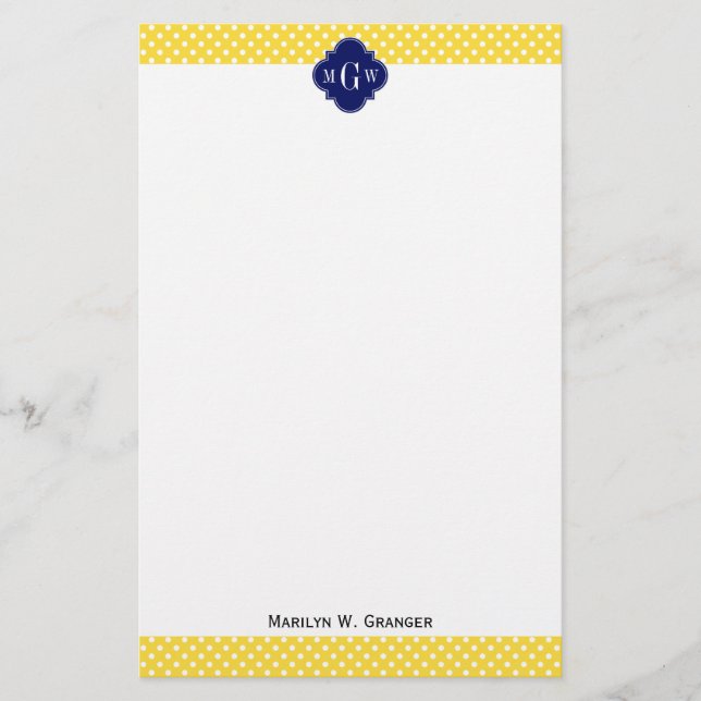 Pineapple Yellow Wht Dots Navy Blue Quatrefoil 3I Stationery (Front)
