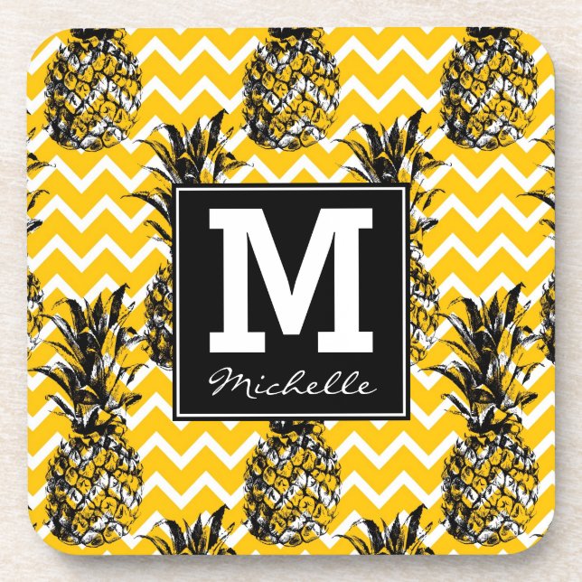 Pineapple Zigzags | Monogram Beverage Coaster (Front)