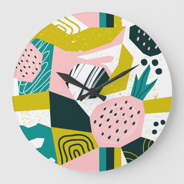 Pineapples Abstract: Colorful Seamless Patchwork Large Clock (Front)