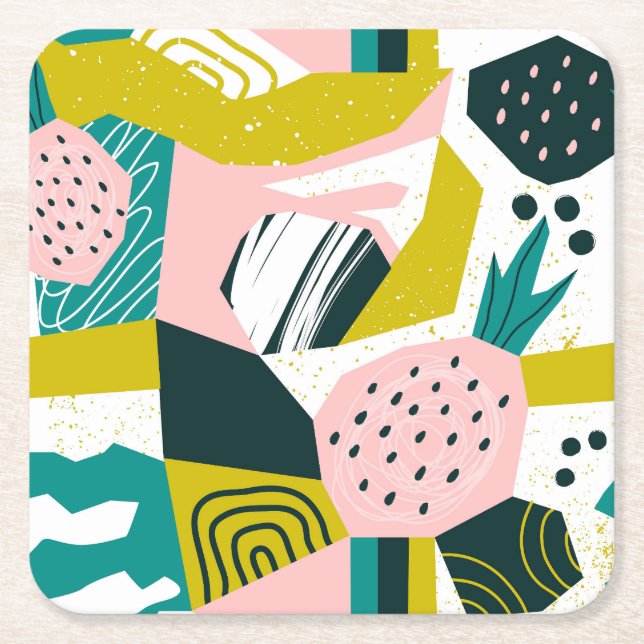 Pineapples Abstract: Colorful Seamless Patchwork Square Paper Coaster (Front)