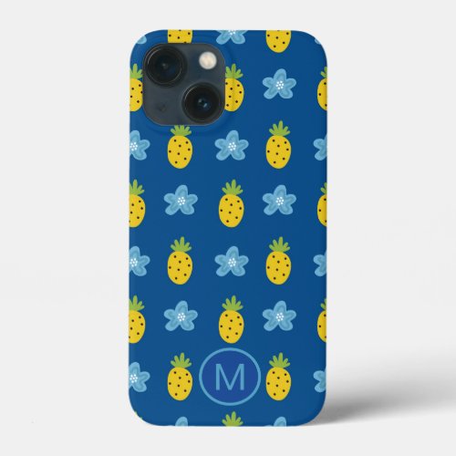 Pineapples and Blue Floral Tropical Pattern Blue iPhone 13 Mini Case