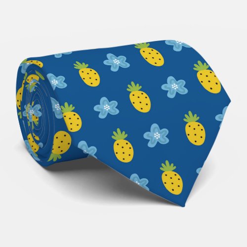 Pineapples and Blue Floral Tropical Pattern Blue Neck Tie