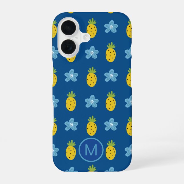 Pineapples and Blue Flowers Monogram Iphone Case (Back)