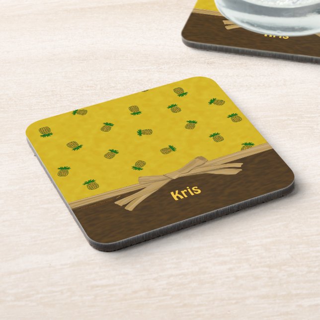 Pineapples and Bow Yellow Tropical Customizable Coaster (Left Side)