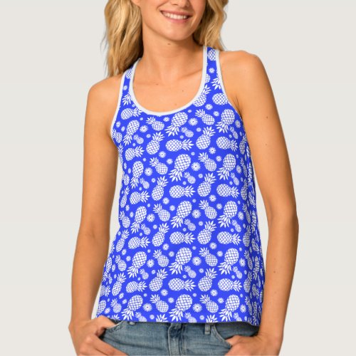 Pineapples and flowers graphic blue white tank top