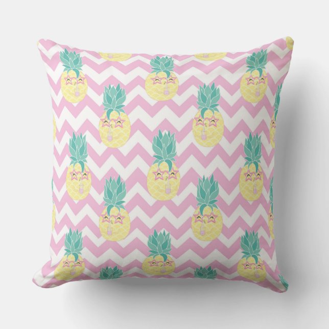 Pineapples and Pink Chevron Outdoor Pillow (Front)