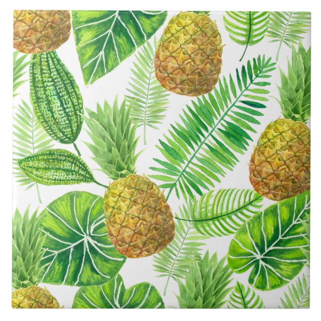 Pineapples and tropical leaves ceramic tile (Front)