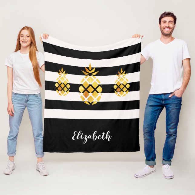 Pineapples black gold white stripes name fleece blanket (In Situ)