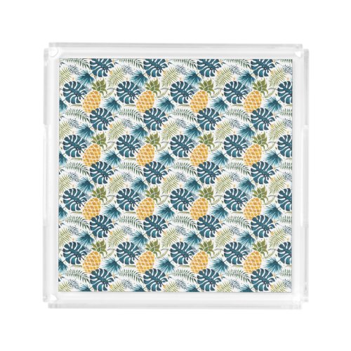 Pineapples blue palm leaves foliage white acrylic tray