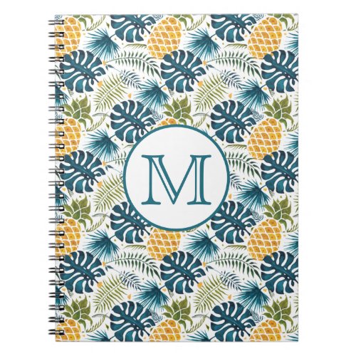 Pineapples blue palm leaves foliage white monogram notebook