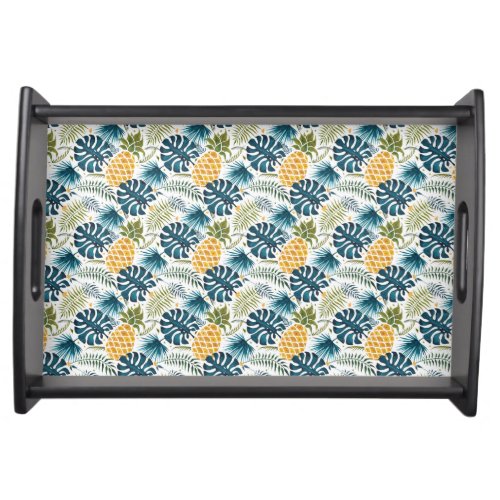 Pineapples blue palm leaves foliage white serving tray
