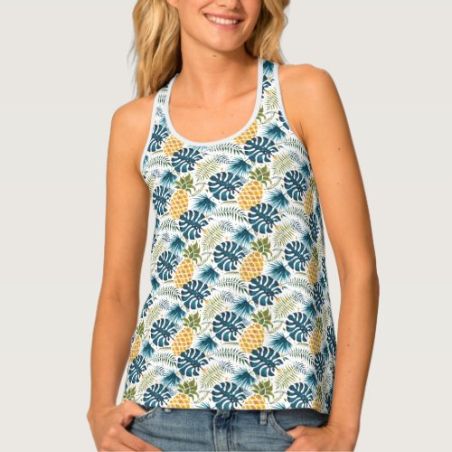 Pineapples blue palm tree leaves white tank top