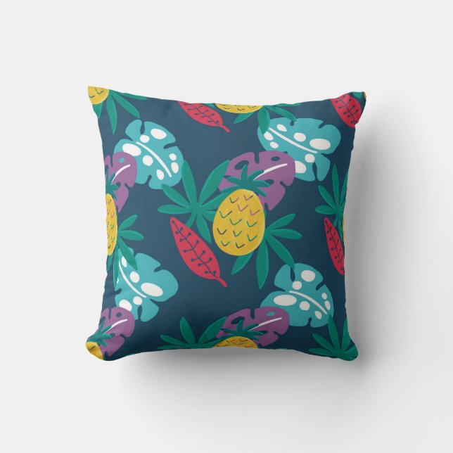 pineapples blue tropical modern leaves throw pillow (Front)
